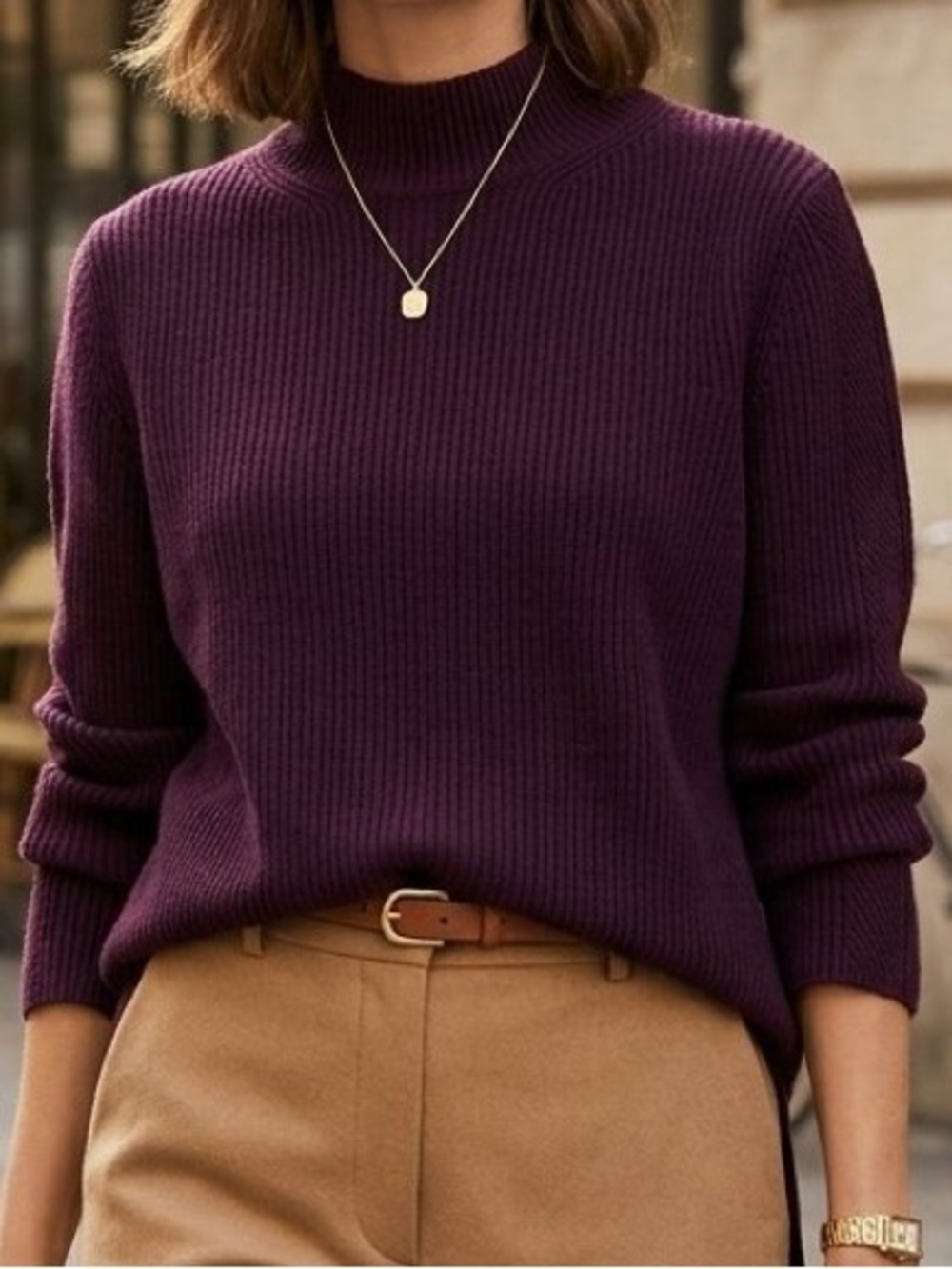 Anne Klein Deep Plum Mock Neck Ribbed Knit Sweater XL